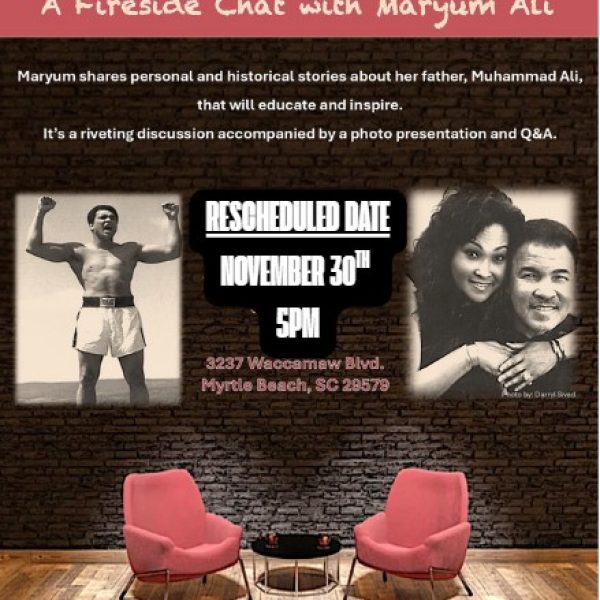 RESCHEDULED!
Join us for a unique opportunity to meet the one and only Maryum (May May) Ali as she shares stories from her life, her father's enduring legacy, and her passion for empowering others through faith, resilience, and service.